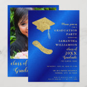 Aangepaste foto Royal Blue en Gold Graduation Part Kaart (Voorkant / Achterkant)