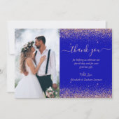 Aangepaste Foto Royal Blue Roos Gold Glitter Weddi Bedankkaart (Voorkant)
