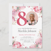 Aangepaste foto Roze Bloemen 80e Verjaardag uitnod Kaart (Voorkant)