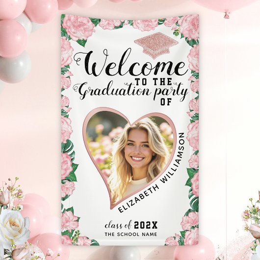 Aangepaste foto Roze bloemen Afstudeer Welkom Spandoek