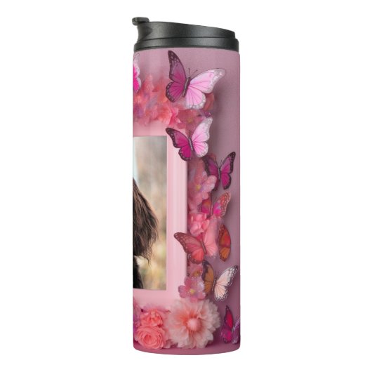 Aangepaste foto roze bloemenvlinders thermosbeker (Geroteerd rechts)