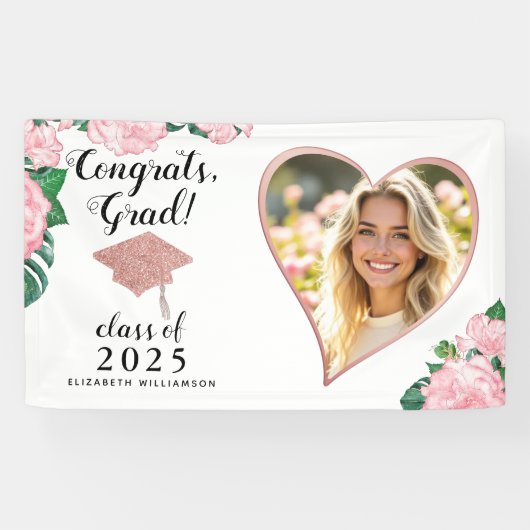 Aangepaste Foto Roze en Witte Bloemen Afstuderen Spandoek (Horizontaal)