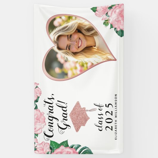 Aangepaste Foto Roze en Witte Bloemen Afstuderen Spandoek (Verticaal)