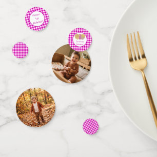 Aangepaste foto roze gingham ballonnen verjaardag confetti