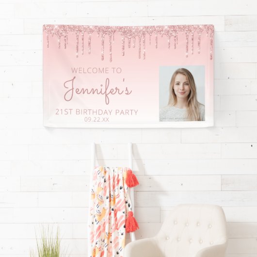 Aangepaste foto Roze glitter Drip 21st geboortedag Spandoek (Insitu)