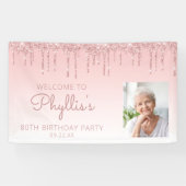 Aangepaste foto Roze glitter Drip 80th Birthday Pa Spandoek (Horizontaal)