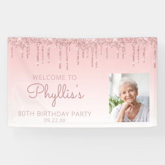 Aangepaste foto roze glitterspatter 80ste verjaard spandoek (Horizontaal)