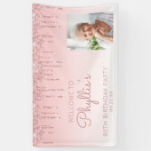 Aangepaste foto roze glitterspatter 80ste verjaard spandoek (Verticaal)