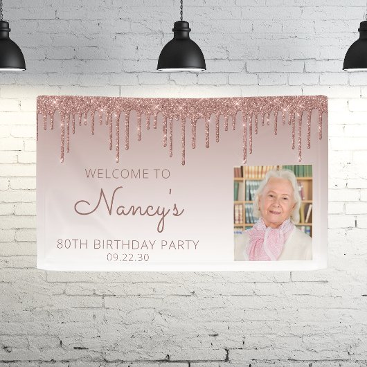 Aangepaste foto roze gouden glinsterende druppel 8 spandoek