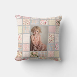Aangepaste Foto Roze & Grijs Patchwork Kussen