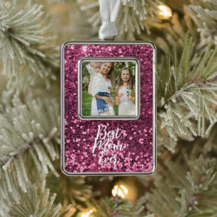 Aangepaste foto roze kerstversiering met glitter verzilverd omlijst ornament
