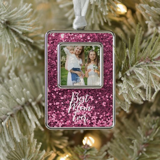 Aangepaste foto roze kerstversiering met glitter verzilverd omlijst ornament (Boom)