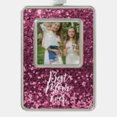 Aangepaste foto roze kerstversiering met glitter verzilverd omlijst ornament (Voorkant)