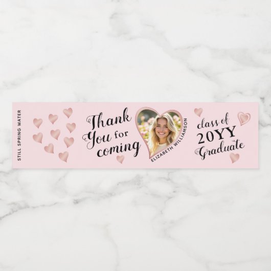 Aangepaste Foto Roze Klasse 2025 Afstuderen Dank u Waterfles Etiket (Enkel label)