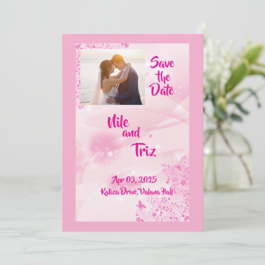 Aangepaste foto roze moderne save the date kaart (Staand voorkant)
