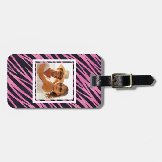 Aangepaste foto roze Zebra Stripe achtergrond Bagagelabel (Voorkant horizontaal)