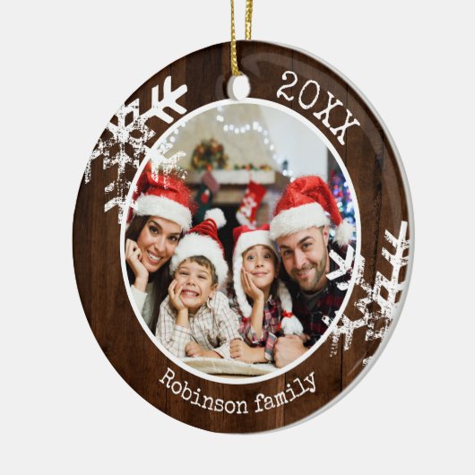 Aangepaste foto Rustic Wood Snowflake Keramisch Ornament (Links)