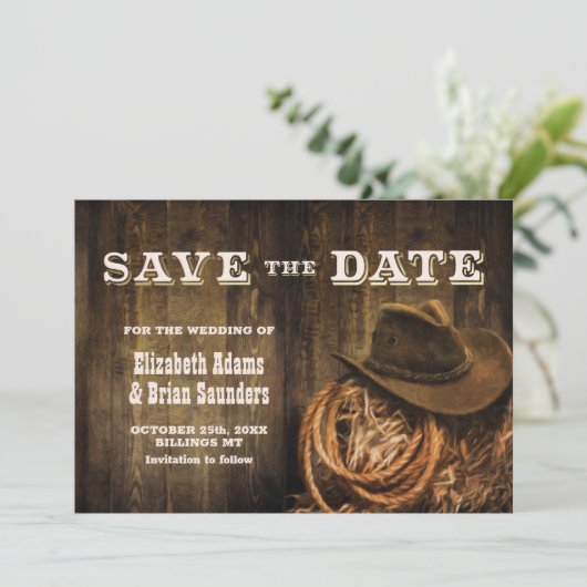Aangepaste foto Rustic Wood Western Weddenschap Save The Date (Staand voorkant)