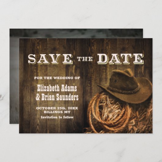 Aangepaste foto Rustic Wood Western Weddenschap Save The Date (Voorkant / Achterkant)