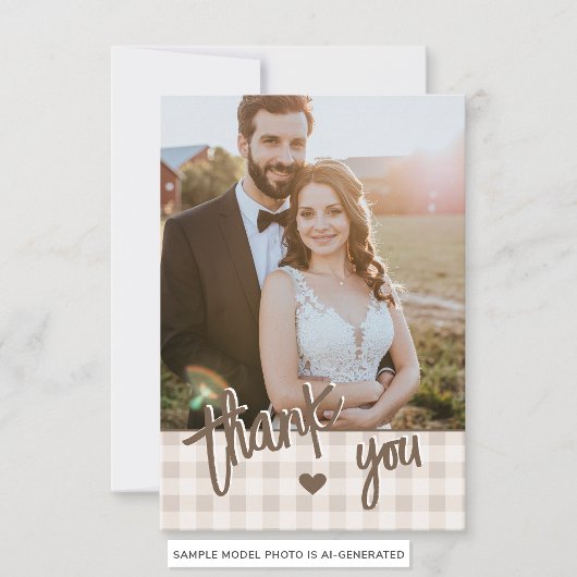 Aangepaste foto rustieke beige Gingham en haas bru Bedankkaart