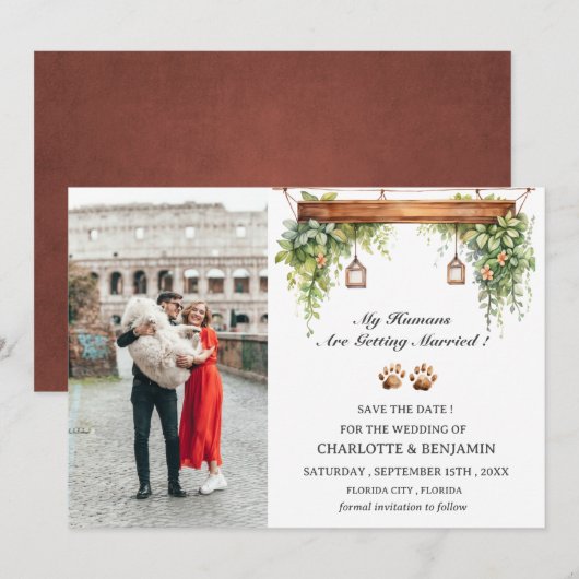 Aangepaste foto rustieke hond save the date (Voorkant / Achterkant)