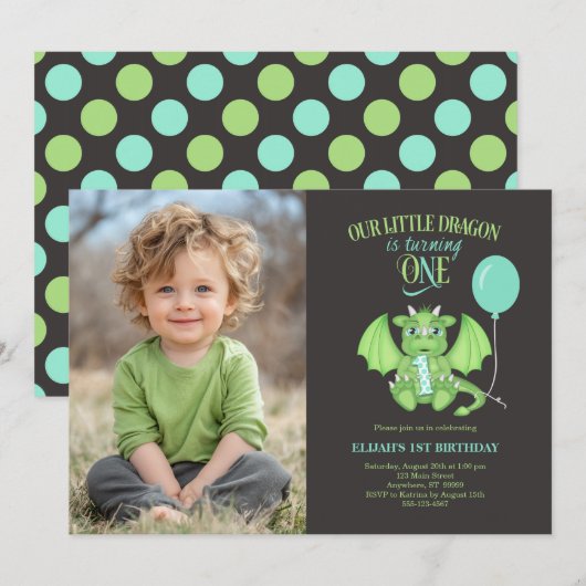 Aangepaste foto Schattige Dragon 1e verjaardagsuit Kaart (Voorkant / Achterkant)