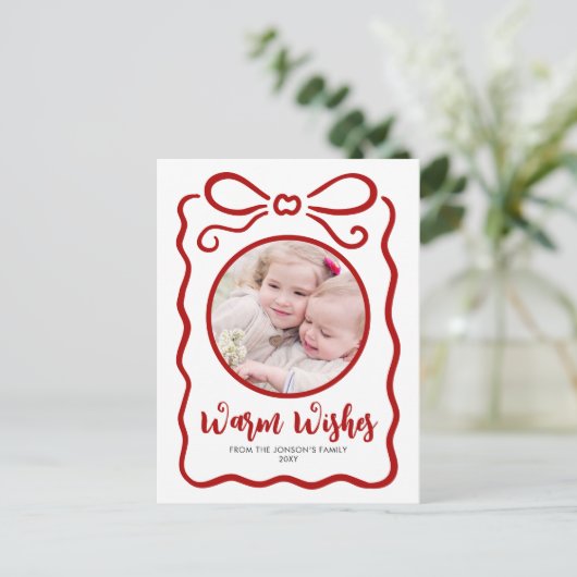 Aangepaste Foto Schattige Hand getekend Rood Lint Feestdagenkaart (Staand voorkant)