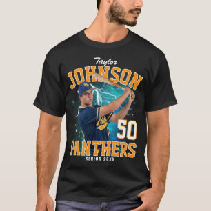 Aangepaste foto senior sporten blauwe gele bootleg t-shirt