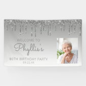 Aangepaste foto Silver Glitter Drip 80th Birthday Spandoek (Horizontaal)