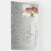 Aangepaste foto Silver Glitter Drip 80th Birthday Spandoek (Verticaal)