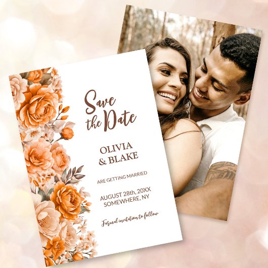 Aangepaste foto Sinaasappel Roos Bloemen bruiloft Save The Date