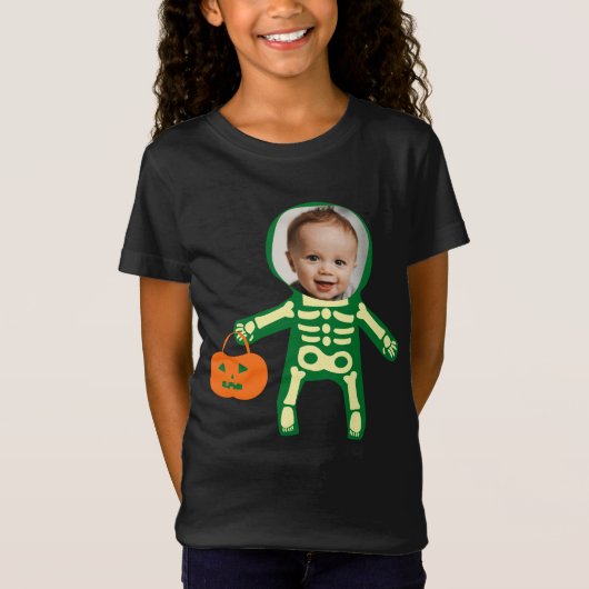 Aangepaste foto-skelet op Halloween trick or treat T-shirt (Voorkant)