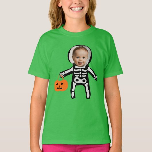 Aangepaste foto-skelet op Halloween trick or treat T-shirt (Voorkant)