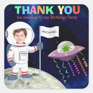Aangepaste foto Spaceman Birthday Bedankt Vierkante Sticker