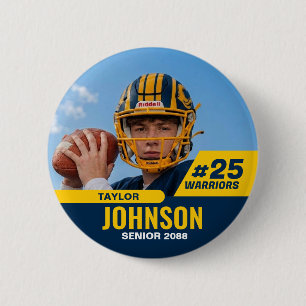 Aangepaste foto sporten voetbalspeler seniorenavon ronde button 5,7 cm