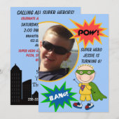 Aangepaste foto Super Hero Blond Boy Birthday Invi Kaart (Voorkant / Achterkant)
