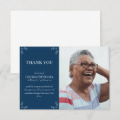 Aangepaste foto-sympathie begrafenis donker blauw bedankkaart (Voorkant / Achterkant)