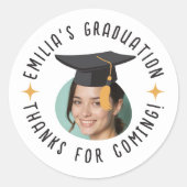 Aangepaste Foto Tekst Afstuderen Pet Bedankt Party Ronde Sticker (Voorkant)