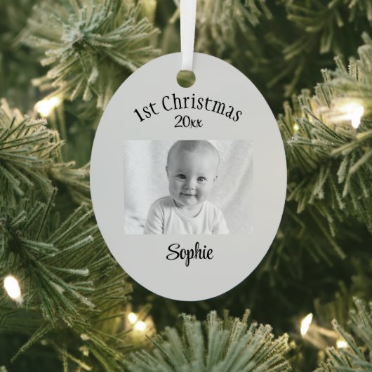 Aangepaste Foto & Tekst Baby 1e Kerst Ovaal Metalen Ornament (Insitu)