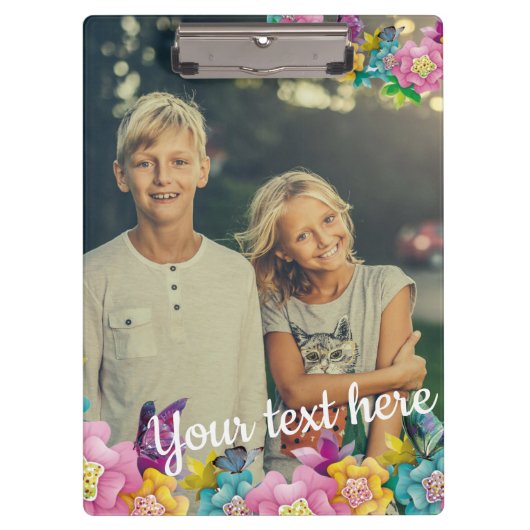 Aangepaste foto-tekst Geanimeerde bloemen en vlind Klembord (Voorkant)