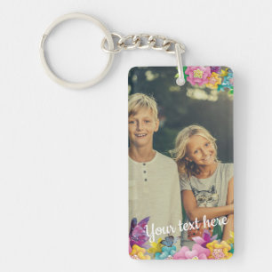 Aangepaste foto-tekst Geanimeerde bloemen en vlind Sleutelhanger
