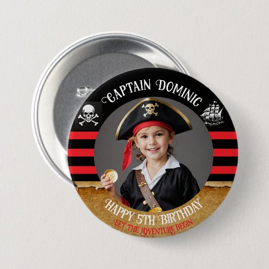 Aangepaste foto & tekst Piraat Verjaardagsfeestje Ronde Button 7,6 Cm (Voorkant /achterkant)
