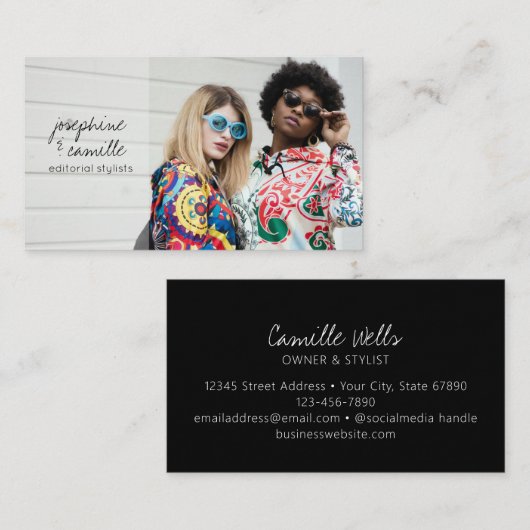 Aangepaste foto trendy script editoriale stylist visitekaartje (Voorkant / Achterkant)