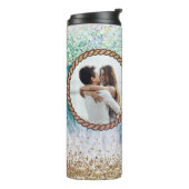 Aangepaste foto Tropische Beach Aqua Nautical Rope Thermosbeker (Gedraaid links)