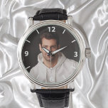 Aangepaste foto vader witte cijfers horloge<br><div class="desc">Sjabloon voor je eigen foto van de beste vader,  vader ter wereld. Witte getallen.</div>