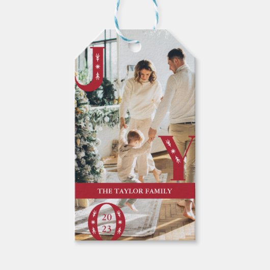 aangepaste foto vakantie JOY Kerstcadeau Cadeaulabel (Voorkant)