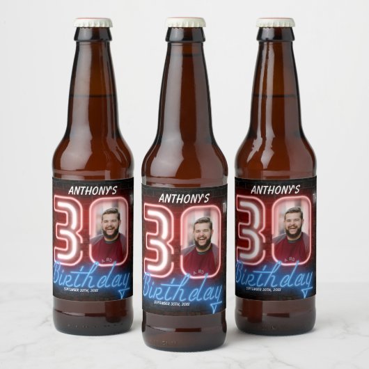 Aangepaste foto van 30e verjaardag 80s Retro Neon  Bier Etiket (Flessen)