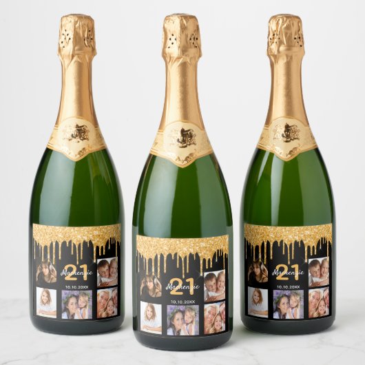 Aangepaste foto van Birthday party glitter zwarte Sparkling Wijnetiket (Flessen)