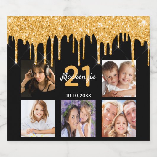 Aangepaste foto van Birthday party glitter zwarte Sparkling Wijnetiket (Enkel label)