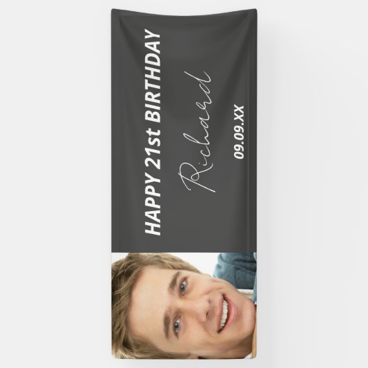 Aangepaste foto van Birthday party grijs-blanke mo Spandoek (Verticaal)